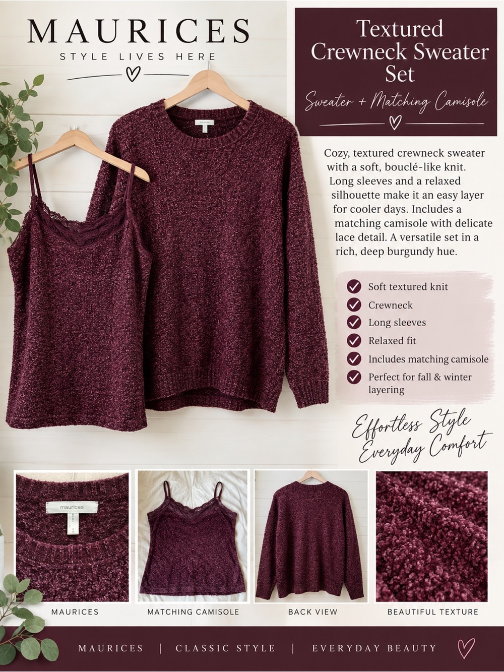 Maurices Burgundy Textured Sweater & Silk Lace Camisole Set Size L
